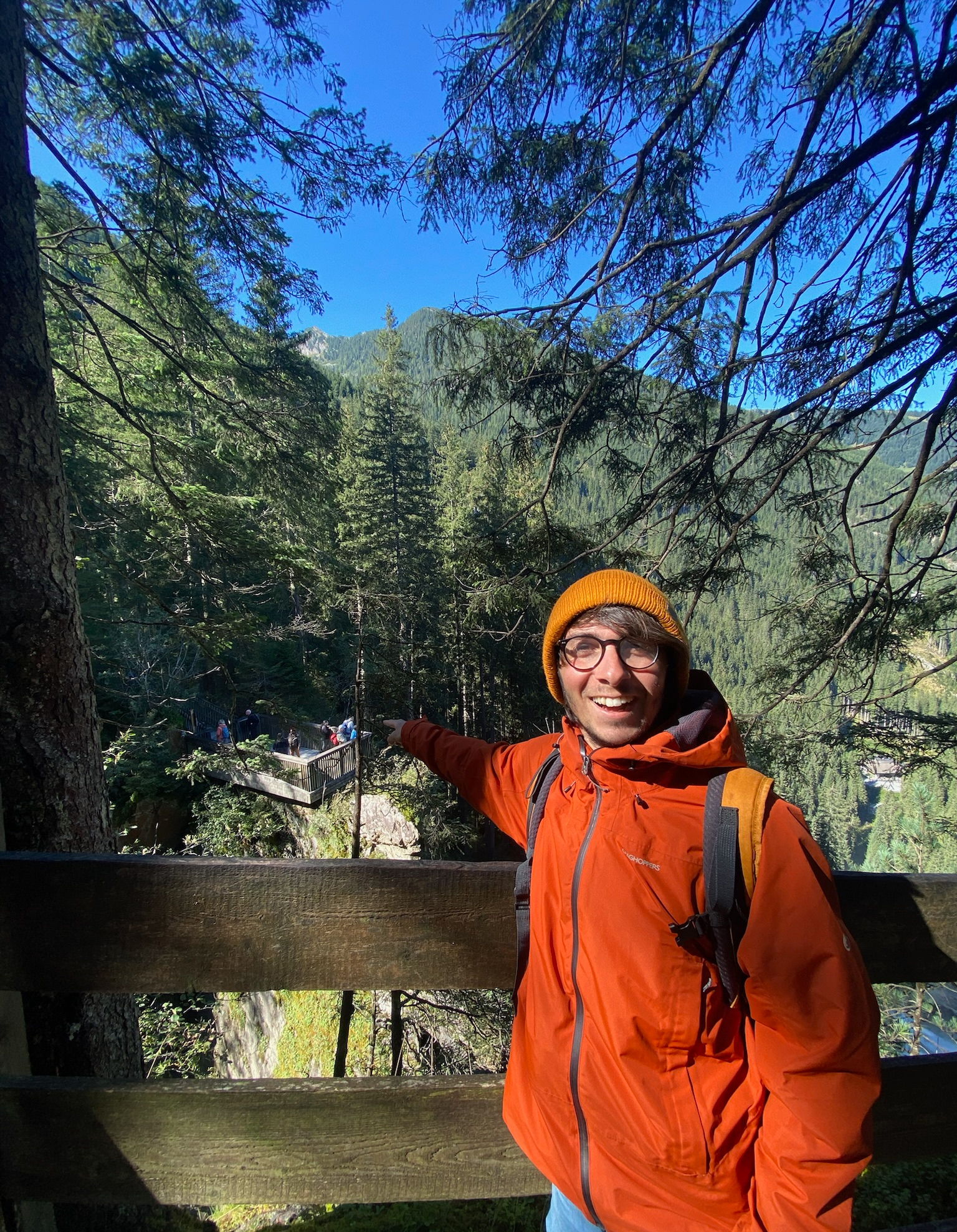 Charlie happily pointing out the ticketed trail from the free Alter Tauernweg walking trail